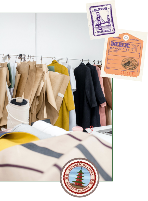 Image of jackets on a rack with smaller images of international stamps overlapping the photo decoratively.